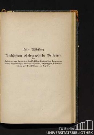 Dritte Abtheilung. Verschiedene photographische Verfahren.