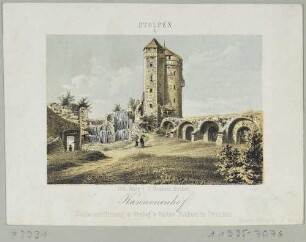 Der Johannisturm (Coselturm) und die Ruinen des Kanonenhofes in der Burg Stolpen in der Sächsischen Schweiz, aus einer Reihe von vier Ansichten der Burg Stolpen
