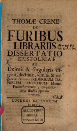 De furibus librariis dissertatio epistolica, 1