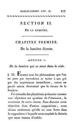 Section II. De la lumière.