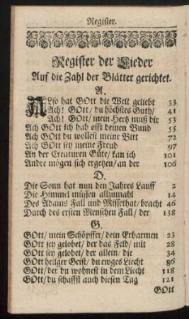 Register der Lieder Auf die Zahl der Blätter gerichtet.