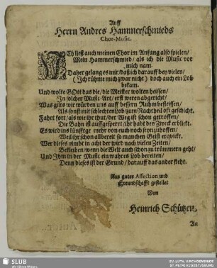 Auff Herrn Andres Hammerschmieds Chor-Music