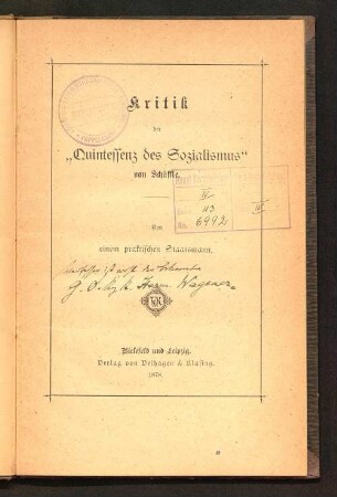 Kritik der "Quintessenz des Sozialismus" von Schäffle : von einem praktischen Staatsmann
