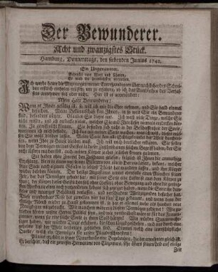 Acht und zwanzigstes Stück. Hamburg, Donnerstags, den siebenden Junius 1742.