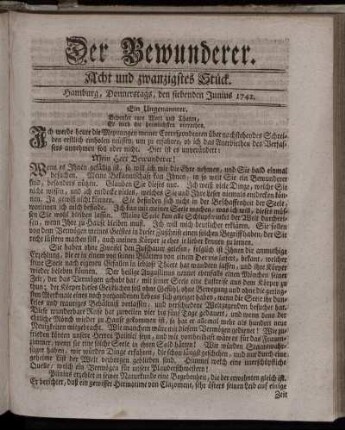 Acht und zwanzigstes Stück. Hamburg, Donnerstags, den siebenden Junius 1742.