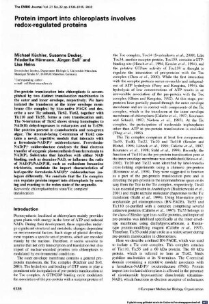 Protein import into chloroplasts involves redox-regulated proteins