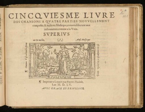 Cincquiesme livre des chansons a quatre parties ... Superius