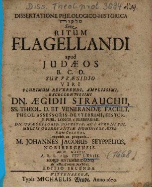 Dissertatione Philologico-Historica Malqât Sive Ritum Flagellandi apud Judaeos