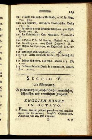 2te Abtheilung. Englische und Französische Bücher, moralischen ästhetischen und vermischten Inhalts.