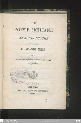 Le Poesie siciliane anacreontiche : colla prima traduzione italiana in versi a fronte