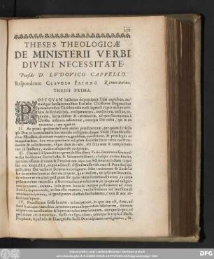 Theses Theologicae De Ministerii Verbi Divini Necessitate. Praeside D. Ludovico Cappello. Respondente Claudio Paiono Romorantino.
