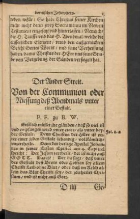 Der Ander Streit. Von der Communion oder Niessung des Abendmals unter einer Gestalt.