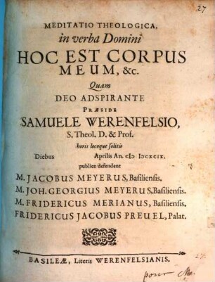 Meditatio theol. in verba Domini: Hoc est corpus meum ...