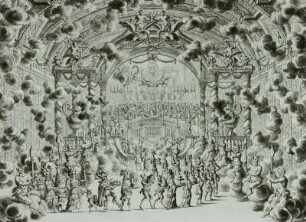 Paris-Ballett. Saal des Jupiter, Götter-Bankett : Harms, Johann Oswald: Königlicher Saal des Jupiter mit Götter-Bankett. Bühnenbild Wolkensaal mit Satyrn und defilierenden Speisenträgern mit Schauessen, "Erste Action" zu "Opera-Ballet Von dem Judicio Paridis, Und der Helenae Raub." Szenenbild wohl zu den Wiederaufführungen 1679 im Opernhaus am Taschenberg. Feder, Tusche, laviert; 367 x 480 mm. Dresden: SLUB Mscr.Dresd.B.70