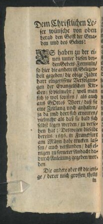 Dem Christlichen Leser wünsche von oben herab den Geist der Gnaden und des Gebets!