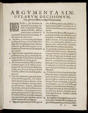 Argumentumta Singularum Decisionum, hoc primo libro comprehensarum.