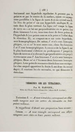 Théorèmes sur les tétraèdres.