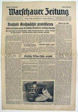 Deutsche Tageszeitung für das Generalgouvernement "Warschauer Zeitung" u.a. zur britischen Seeblockade