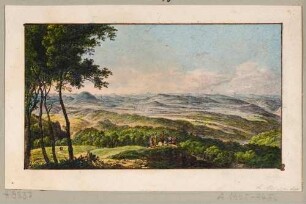 Aussicht vom Großen Winterberg in der Sächsischen Schweiz nach Osten über die Böhmische Schweiz mit dem Rosenberg, aus Richters 30 An- und Aussichten zum Taschenbuch für die Sächsische Schweiz