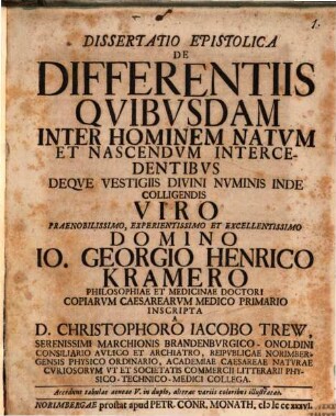 Diss. epist. de differentiis quibusdam, inter hominem natum et nascendum intercedentibus deque vestigiis divini numinis inde colligendis