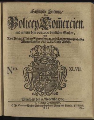 Nro. XLVII, Montags, den 21. Novembr 1735