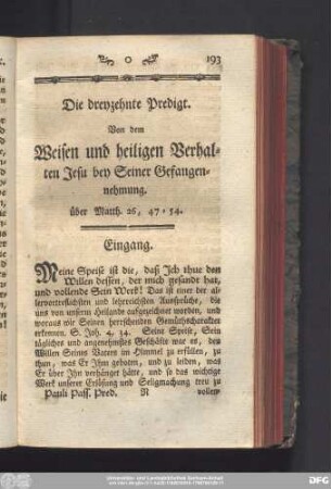 Die dreyzehende Predigt. Von dem Weisen und heiligen Verhalten Jesu bey Seiner Gefangennehmung. über Matth. 26, 47 - 54.