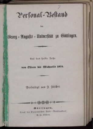 SS 1874: Personal-Bestand der Georg-Augusts-Universität zu Göttingen