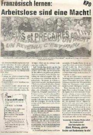 Propagandaflugblatt der KPD gegen die Arbeitslosigkeit mit Bezug auf erfolgreiche Arbeitslosenproteste in Frankreich