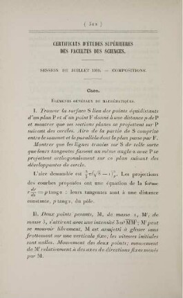 Certificat d'études supérieures des Facultés des Sciences. Session de juillet 12900. Compositions