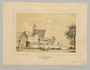 Die Thomaspforte westlich der Thomaskirche in Leipzig von Norden gesehen, im Zustand von 1784, Blick aus nördlicher Richtung