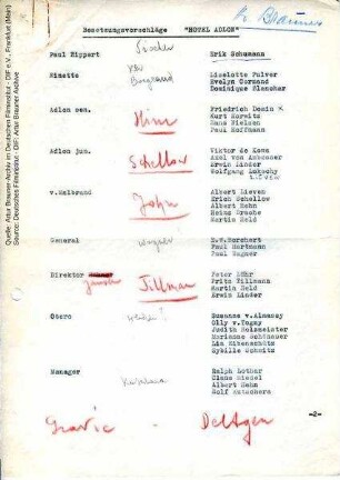 Besetzungsvorschläge, mit handschriftlichen Ergänzungen von Artur Brauner