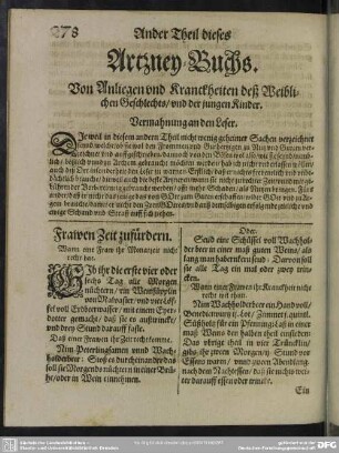 Ander Theil dieses Artzney-Buchs. Von Anliegen und Kranckheiten des Weiblichen Geschlechts, und der jungen Kinder
