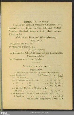 [Verkehrsnotizen (Droschkentarife, Post- und Telegraphen-Anstalten)]