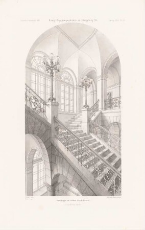 Königliches Regierungsgebäude, Königsberg: Perspektivische Innenansicht Haupttreppenhaus rechter Flügel 2.OG (aus: Atlas zur Zeitschrift für Bauwesen, hrsg. v. G. Erbkam, Jg. 32, 1882)