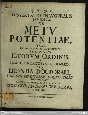 Dissertatio Inauguralis Iuridica, De Metu Potentiae