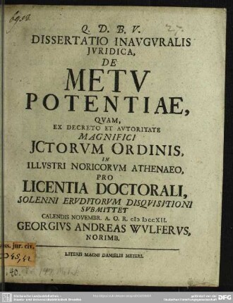 Dissertatio Inauguralis Iuridica, De Metu Potentiae