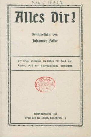 Alles Dir! : Kriegsgedichte