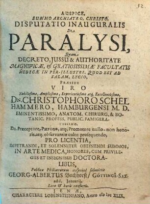 Disputatio Inauguralis De Paralysi