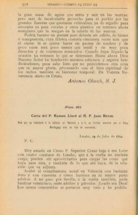 Núm. 161. Carta del P. Ramón Llord al R. P. Juan Heras