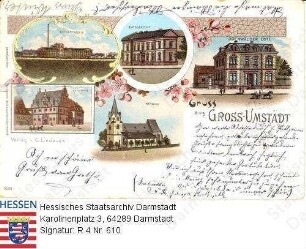 Groß-Umstadt, Rathaus und Einzelansichten / Zuckerfabrik, Kirche, Amtsgericht, Odenwälder Bote, Rathaus