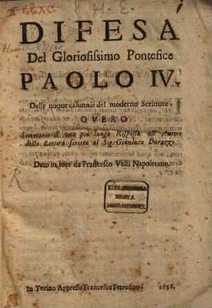 Difesa del gloriosissimo Pontefice Paolo IV. dalle nuove calumnie del moderno Scrittore