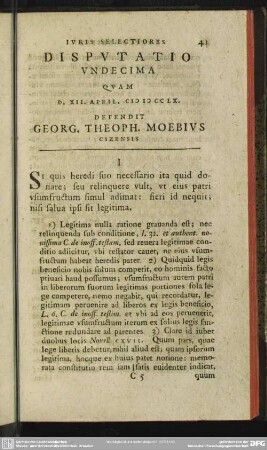 Disputatio Undecima Quam D. XII. April. MDCCLX. Defendit Georg. Theoph. Moebius Cizensis