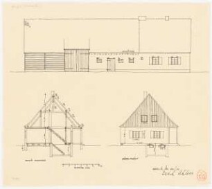Siedlung, Gresse: Grundriss, Ansichten, Schnitt Bauernhaus 1:100