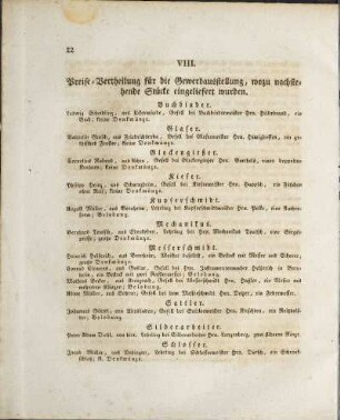 VIII. Preise-Vertheilung für die Gewerbsausstellung, wozu nachstehende Stücke eingeliefert wurden.