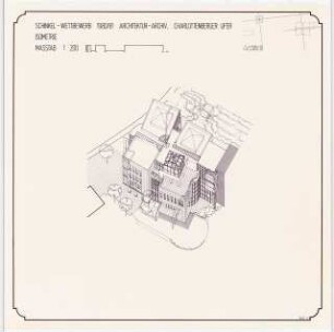 Architektur-Archiv, Karl Friedrich Schinkel gewidmet, Wohnbebauung in Beziehung zu Spree und Schloss Charlottenburg, Berlin Schinkelwettbewerb 1981: Isometrie 1:200