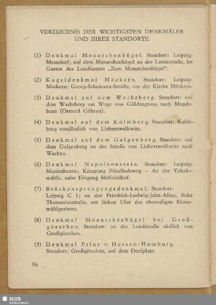 Verzeichnis der wichtigsten Denkmäler und ihrer Standorte