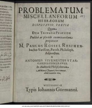 Problematum Miscellaneorum Hebraeorum : Disputatio Tertia