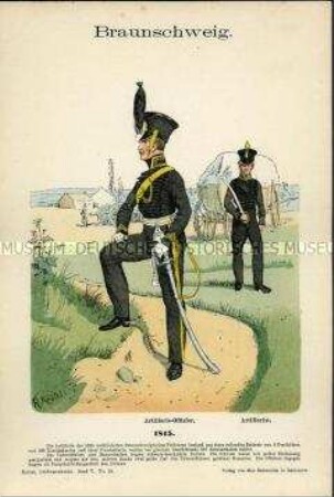 Uniformdarstellung, Offizier und Gemeiner der Artillerie, Herzogtum Braunschweig, 1815.