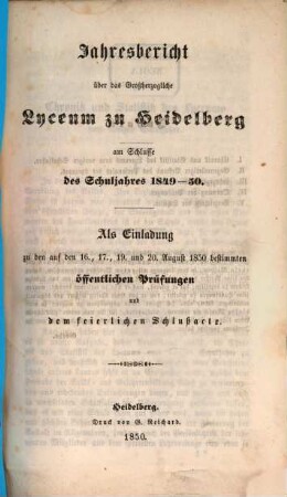 Jahresbericht über das Großh. Lyceum zu Heidelberg : am Schlusse d. Schuljahres ..., 1849/50