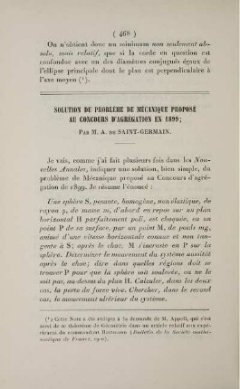 Solution du problème de Mécanique proposé au concours d'Agrégation en 1899.